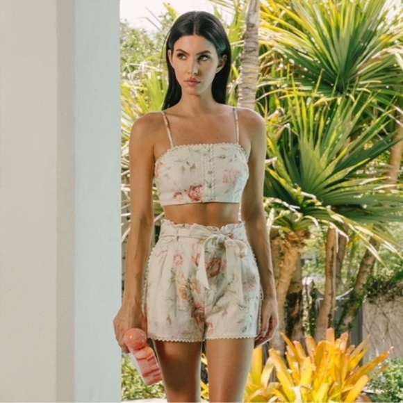 CAROLINE CONSTAS FLORAL LINEN SHORT SET,All Products : American Fashion Style Bags On Sale